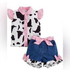 Cow Print Top and Denim Shorts Set